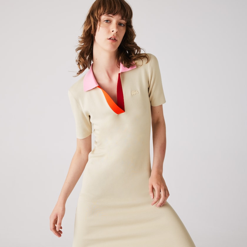Women's Lacoste Beige / Pink / Red Dress Polo Collar Two-Tone Cotton Knit Long Sweater YA5-20052C9