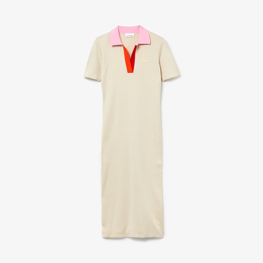 Women's Lacoste Beige / Pink / Red Dress Polo Collar Two-Tone Cotton Knit Long Sweater YA5-20052C9