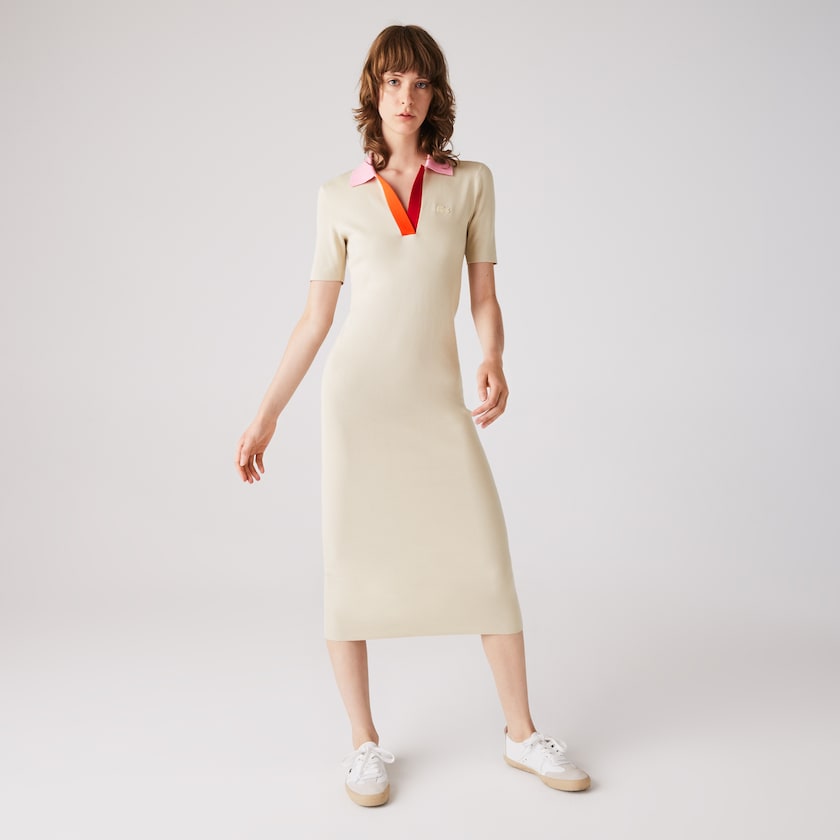 Women's Lacoste Beige / Pink / Red Dress Polo Collar Two-Tone Cotton Knit Long Sweater YA5-20052C9