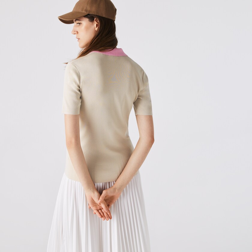 Women's Lacoste Beige / Pink / Red Sweaters Polo Collar Two-Tone Cotton QA2-81808H8