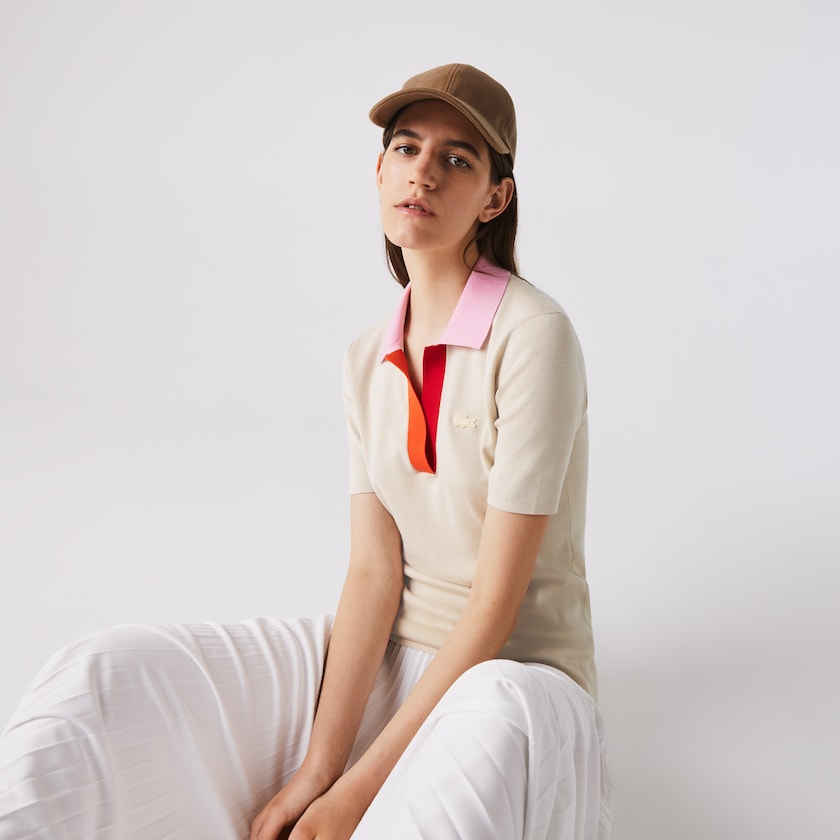 Women's Lacoste Beige / Pink / Red Sweaters Polo Collar Two-Tone Cotton QA2-81808H8