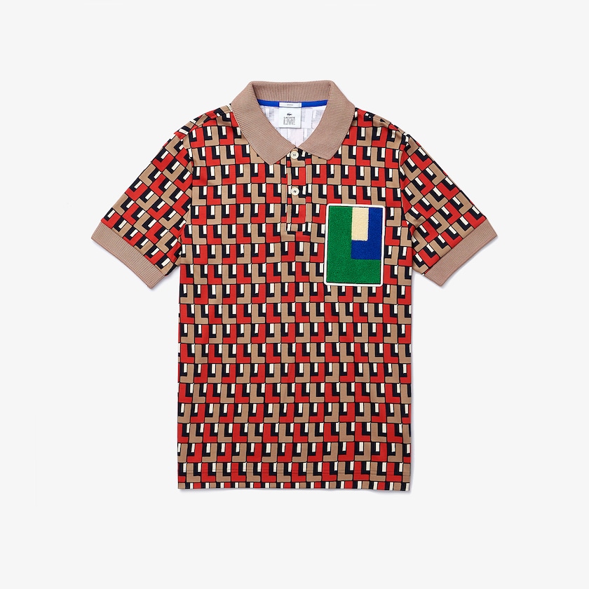 Men's Lacoste Beige / Red Polo Shirts LIVE Standard-Fit Printed Cotton YK5-21342V9