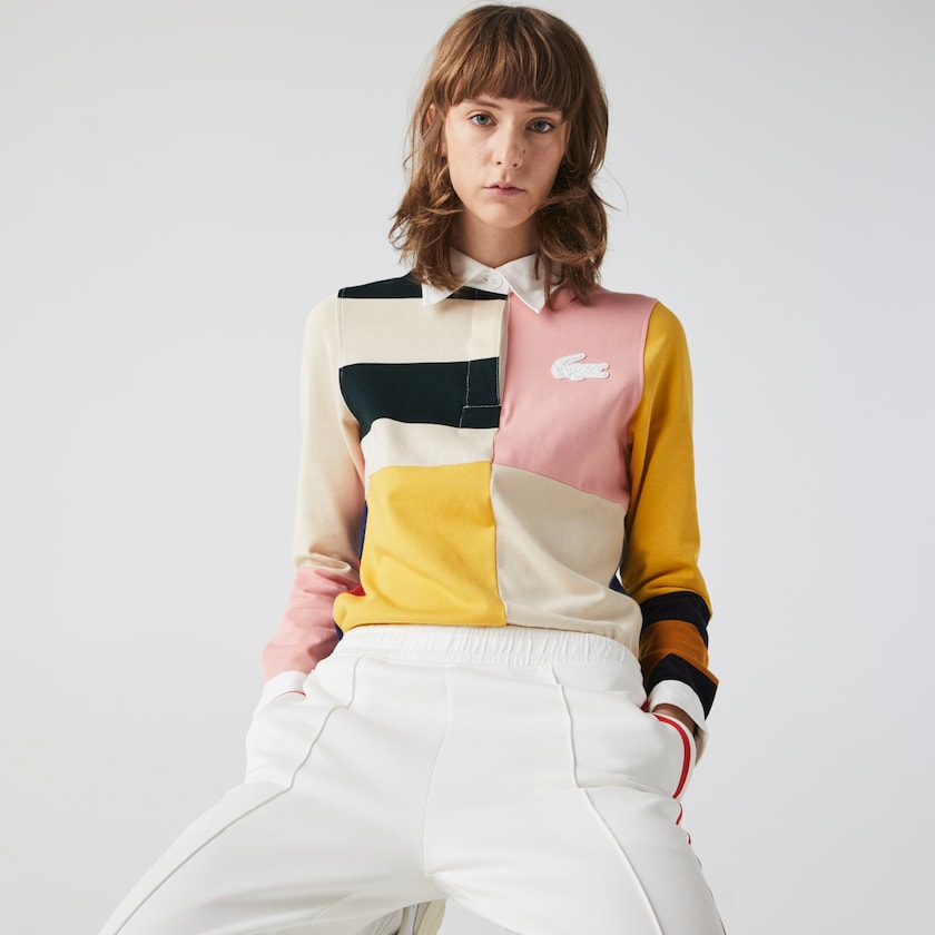 Women's Lacoste Beige / White Shirts LIVE Colorblock Rugby Polo WK7-90549Z1
