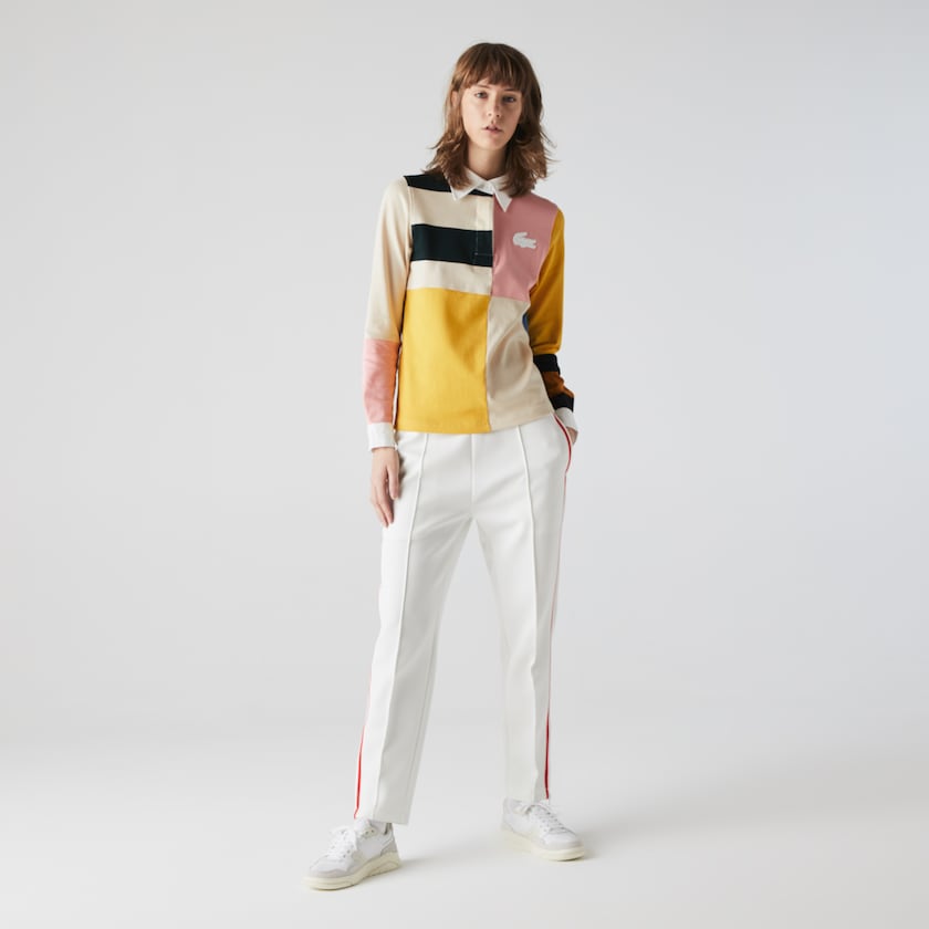 Women's Lacoste Beige / White Shirts LIVE Colorblock Rugby Polo WK7-90549Z1