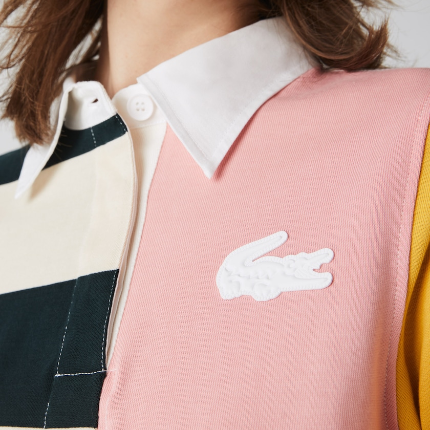 Women's Lacoste Beige / White Shirts LIVE Colorblock Rugby Polo WK7-90549Z1