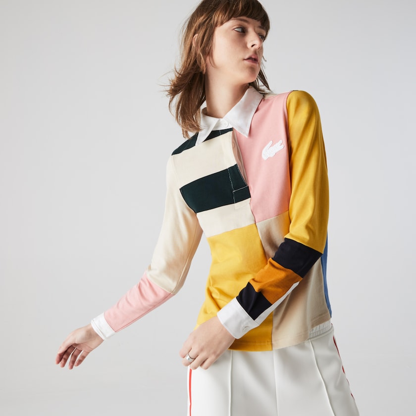 Women's Lacoste Beige / White Shirts LIVE Colorblock Rugby Polo WK7-90549Z1