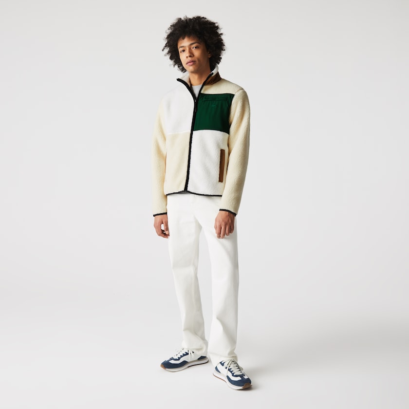 Women's Lacoste Beige / White Sweatshirts LIVE Relaxed Fit Colorblock Sheepskin Fleece NM8-26832F2