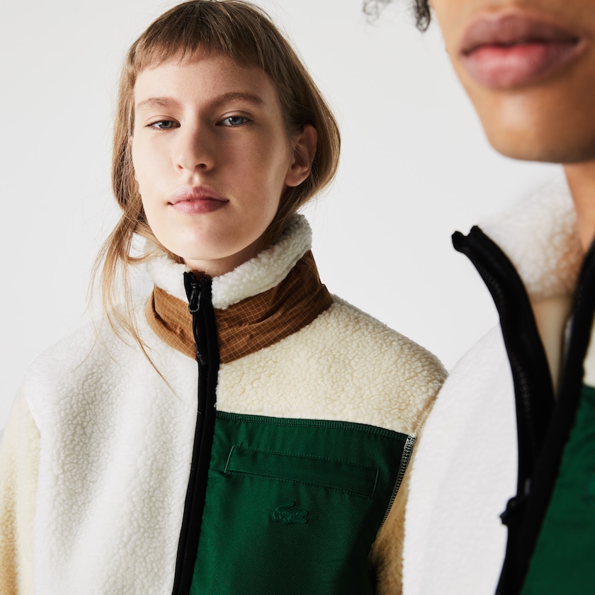Women's Lacoste Beige / White Sweatshirts LIVE Relaxed Fit Colorblock Sheepskin Fleece NM8-26832F2