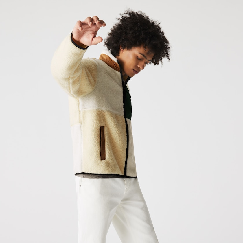 Women's Lacoste Beige / White Sweatshirts LIVE Relaxed Fit Colorblock Sheepskin Fleece NM8-26832F2