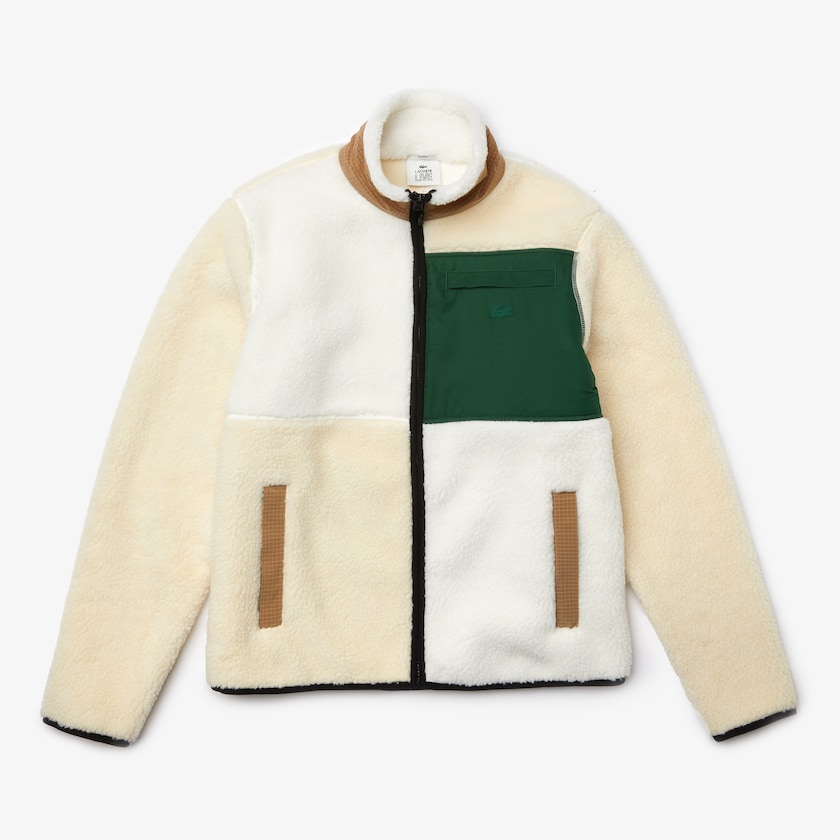 Women's Lacoste Beige / White Sweatshirts LIVE Relaxed Fit Colorblock Sheepskin Fleece NM8-26832F2
