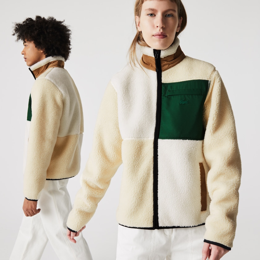 Women's Lacoste Beige / White Sweatshirts LIVE Relaxed Fit Colorblock Sheepskin Fleece NM8-26832F2