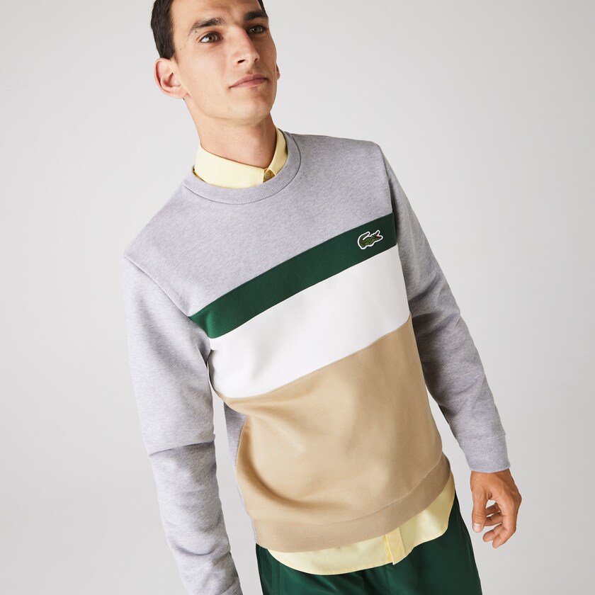 Men's Lacoste Beige / White / Green / Grey Sweatshirts Colorblock Fleece Crew Neck MG9-57795C9