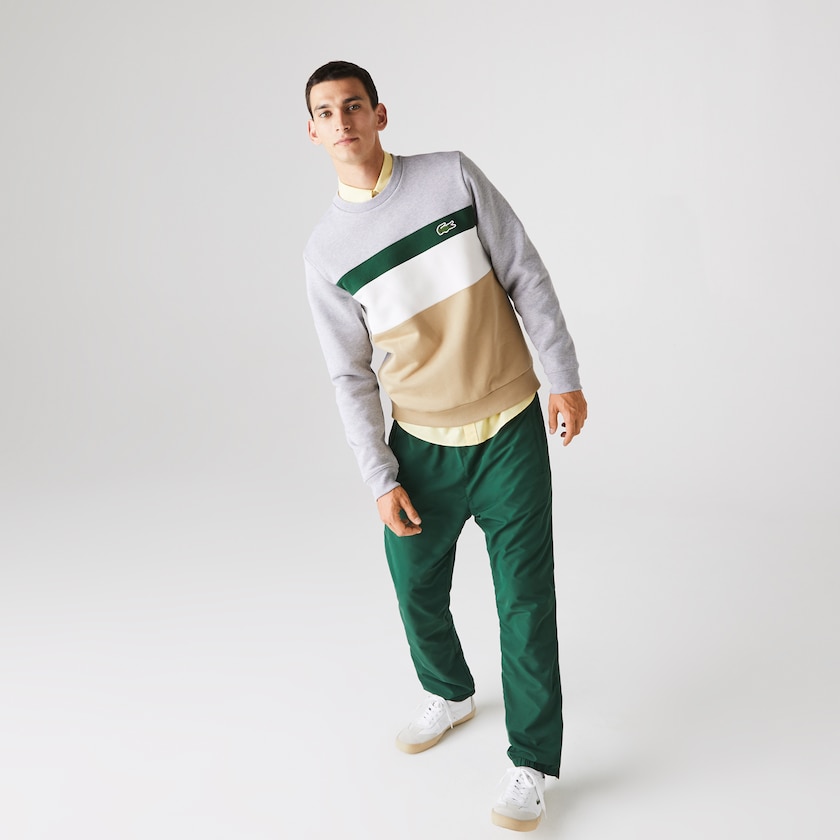 Men's Lacoste Beige / White / Green / Grey Sweatshirts Colorblock Fleece Crew Neck MG9-57795C9