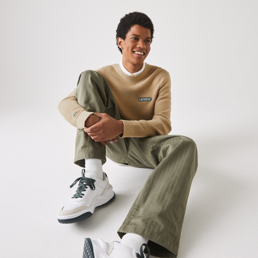 Men's Lacoste Beige / White / Navy Blue Sweaters Crew Neck Textured Wool And Cotton CJ3-52345M7