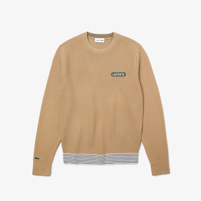 Men's Lacoste Beige / White / Navy Blue Sweaters Crew Neck Textured Wool And Cotton CJ3-52345M7