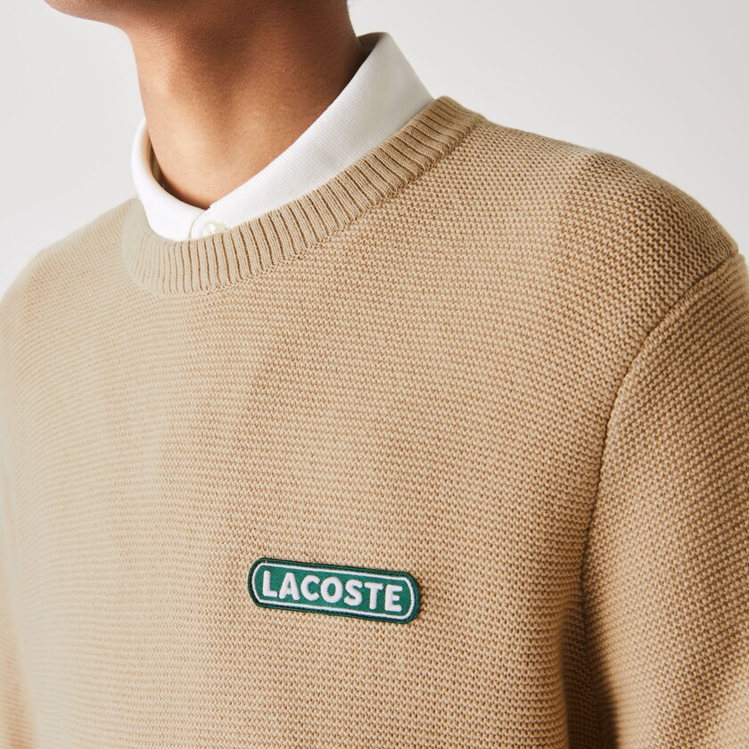 Men's Lacoste Beige / White / Navy Blue Sweaters Crew Neck Textured Wool And Cotton CJ3-52345M7