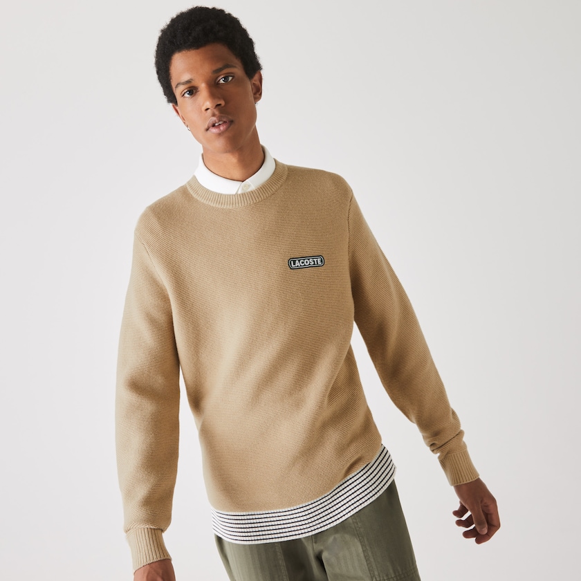 Men's Lacoste Beige / White / Navy Blue Sweaters Crew Neck Textured Wool And Cotton CJ3-52345M7