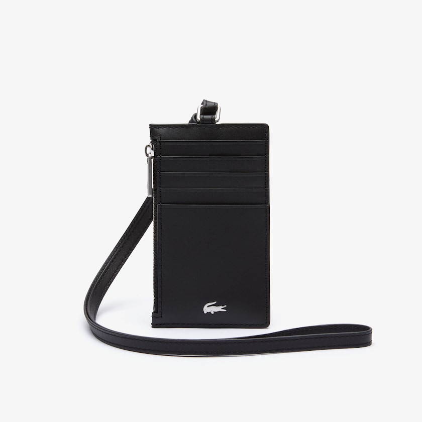 Men's Lacoste Black Accessories Fitzgerald Leather Neck Strap Zippered Card Holder AP5-70167F2