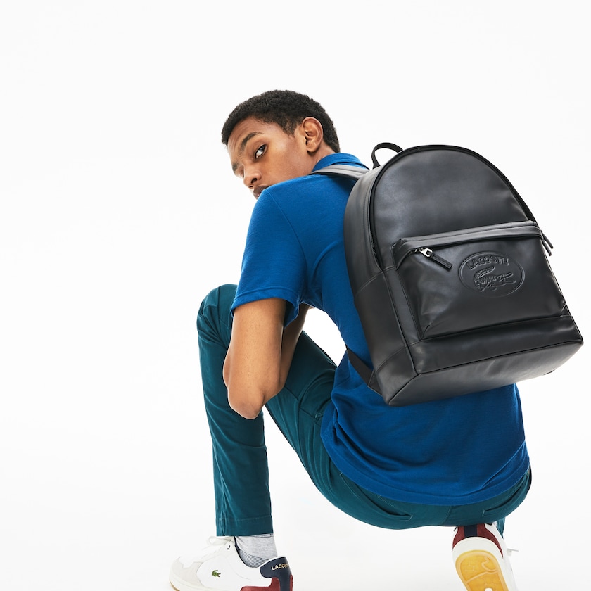 Men's Lacoste Black Backpacks L.12.12 Casual Embossed Lettering Leather CW1-21632Z5