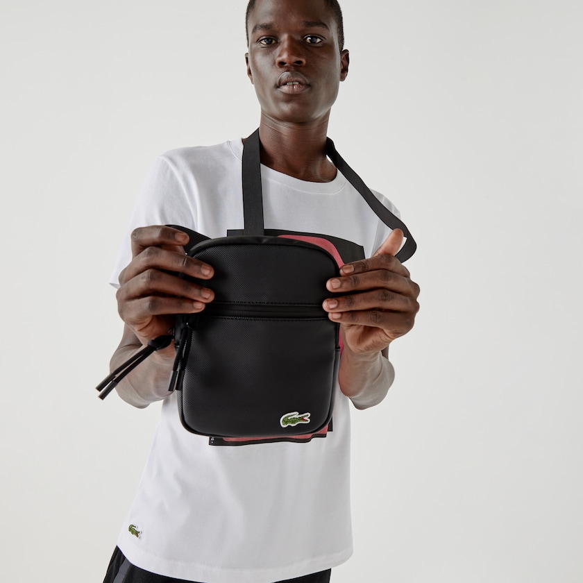 Men's Lacoste Black Bags LCST Coated Canvas Small Flat Crossbody Bag RL3-79357E8