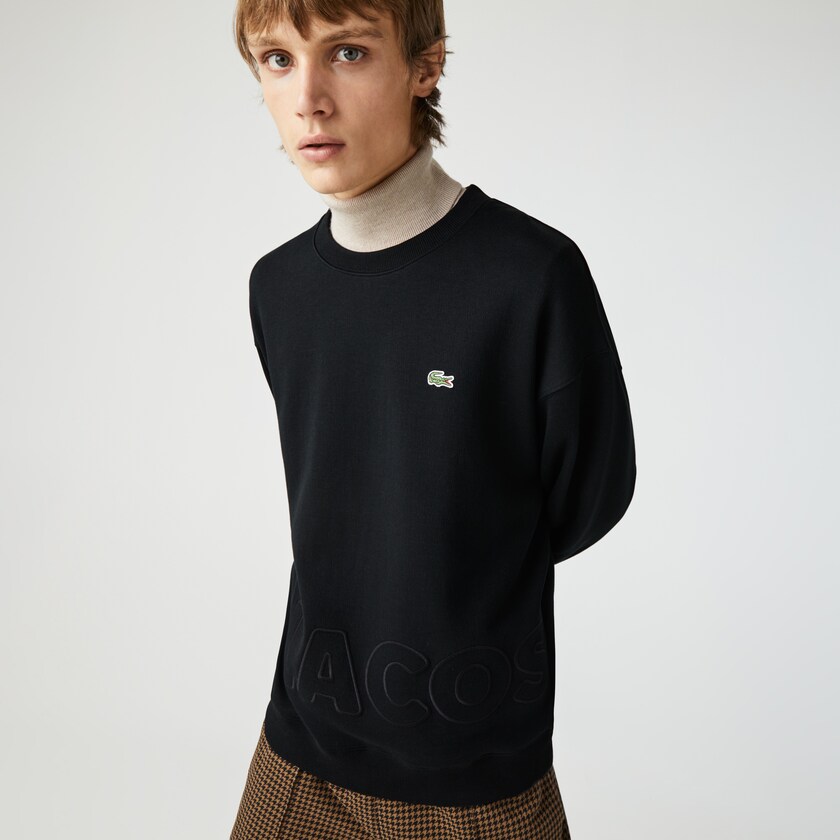 Men's Lacoste Black Sweatshirts LIVE Crew Neck Embroidered Cotton Blend PU0-46024S3