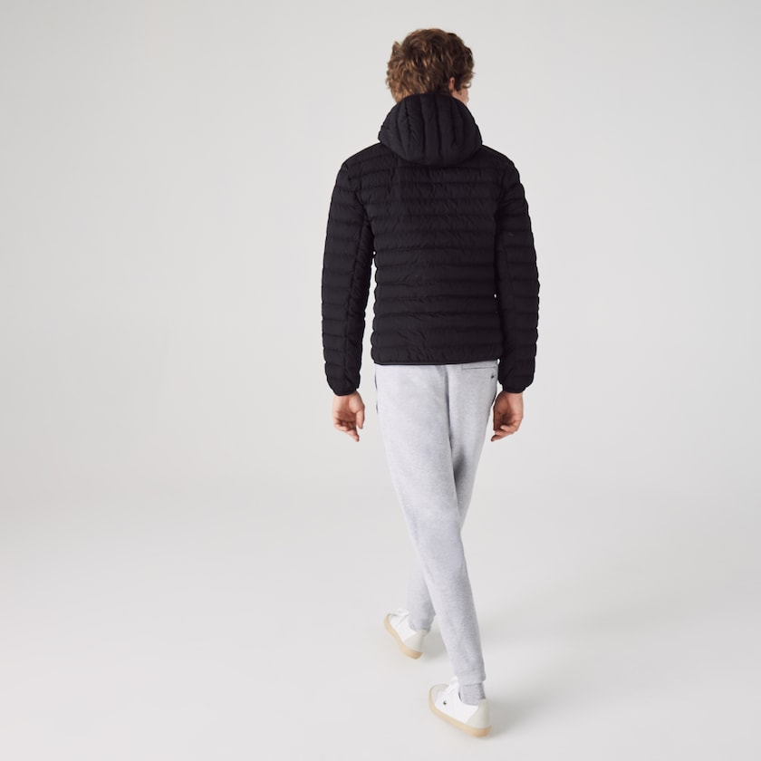 Men's Lacoste Black Coats Lightweight Foldable Hooded Water-Resistant Puffer XP4-34333Y0