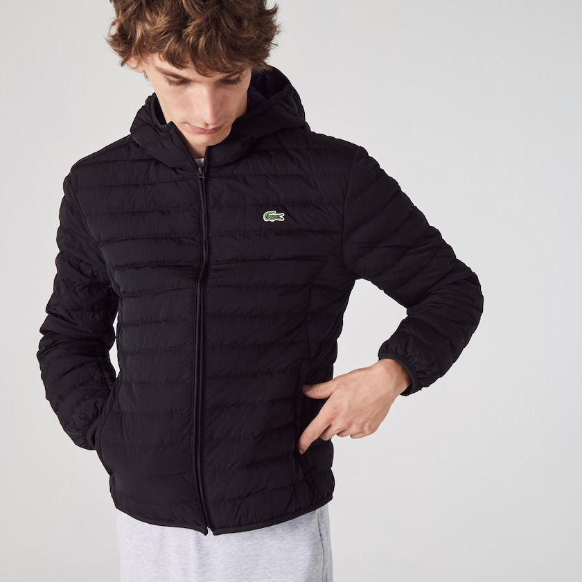Men's Lacoste Black Coats Lightweight Foldable Hooded Water-Resistant Puffer XP4-34333Y0