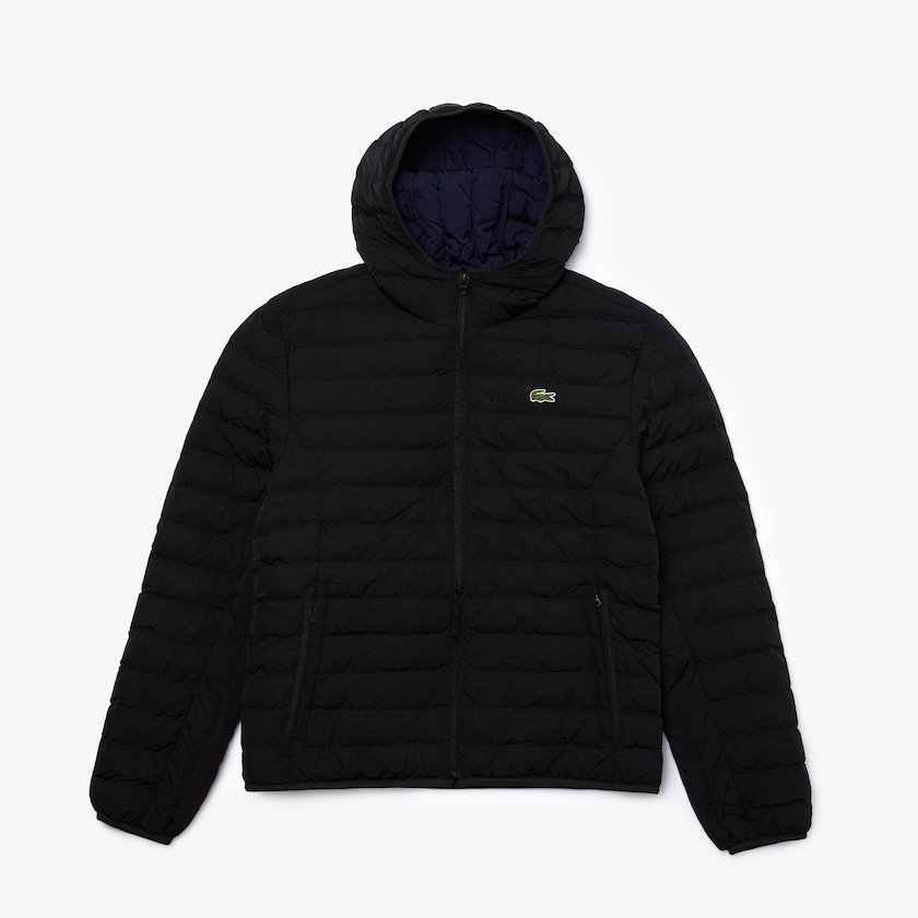 Men's Lacoste Black Coats Lightweight Foldable Hooded Water-Resistant Puffer XP4-34333Y0