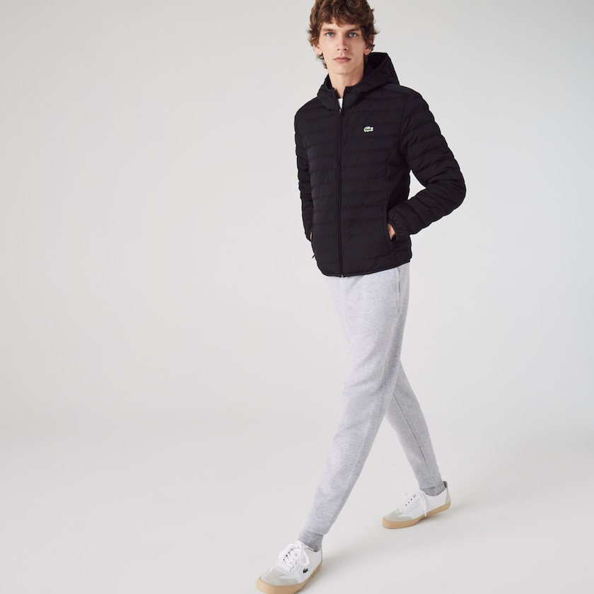 Men's Lacoste Black Coats Lightweight Foldable Hooded Water-Resistant Puffer XP4-34333Y0