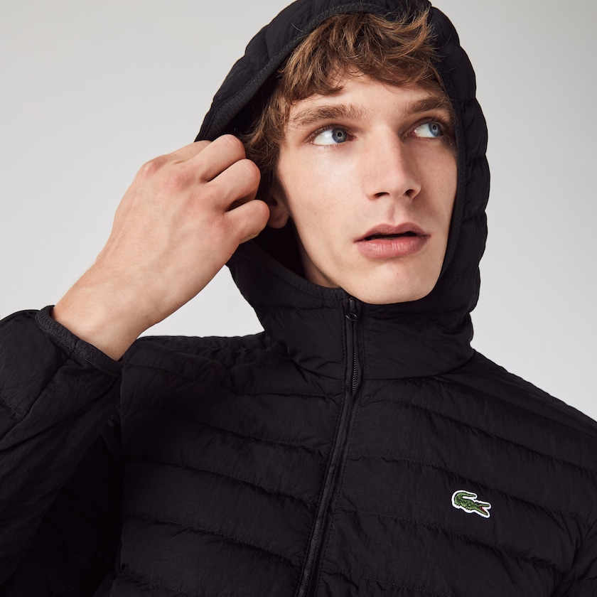Men's Lacoste Black Coats Lightweight Foldable Hooded Water-Resistant Puffer XP4-34333Y0