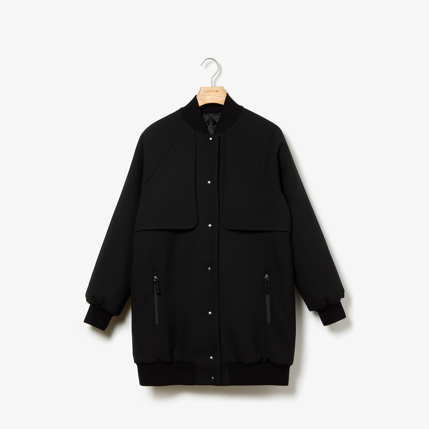 Women's Lacoste Black Jackets Quilted Lining Long Wool Crepe Bomber IM2-43674P8