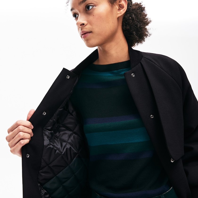 Women's Lacoste Black Jackets Quilted Lining Long Wool Crepe Bomber IM2-43674P8