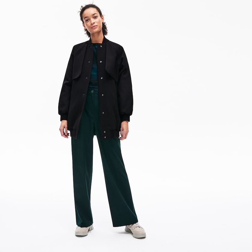Women's Lacoste Black Jackets Quilted Lining Long Wool Crepe Bomber IM2-43674P8