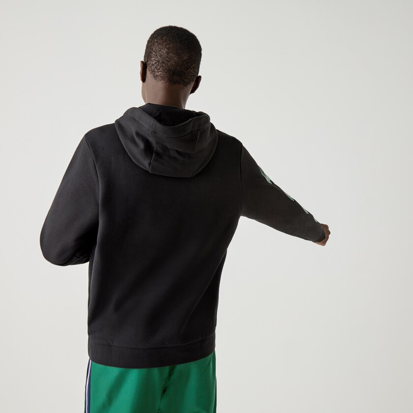 Men's Lacoste Black Sweatshirts SPORT Crocodile Print Hooded Cotton BR0-25102D1