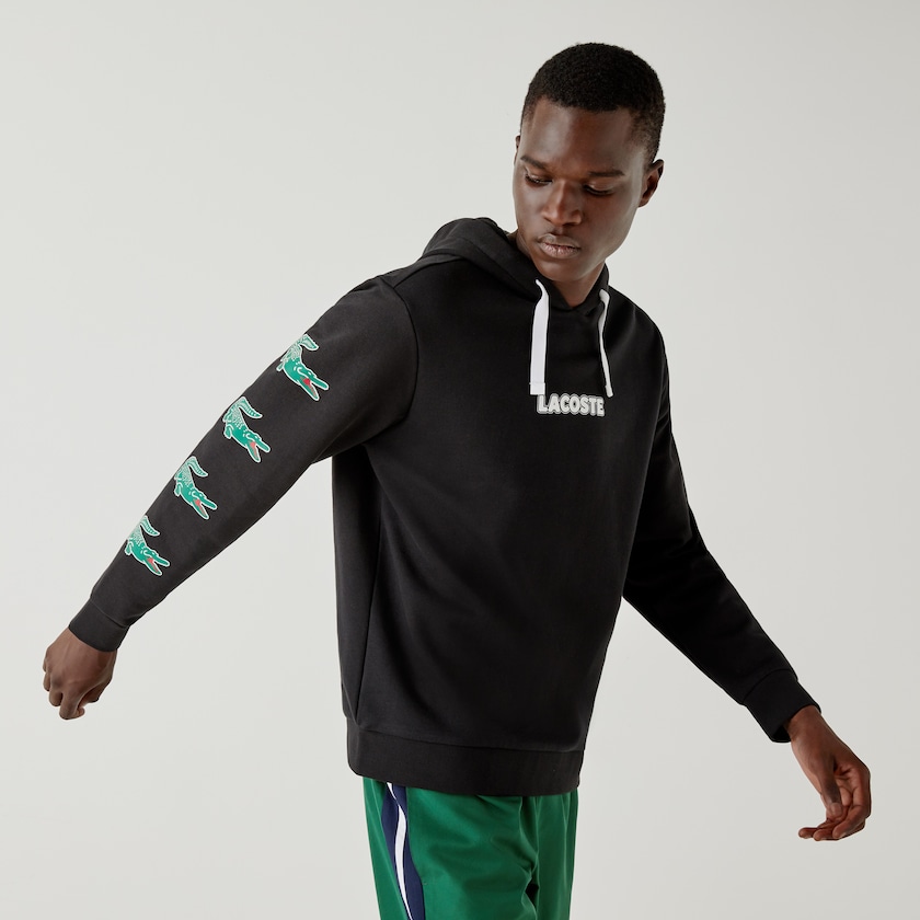 Men's Lacoste Black Sweatshirts SPORT Crocodile Print Hooded Cotton BR0-25102D1