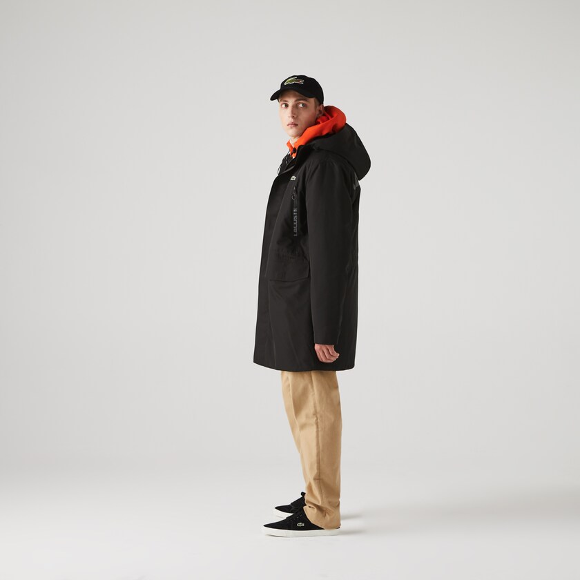 Men's Lacoste Black Parka Jackets SPORT Hooded Quilted VU7-09910B5