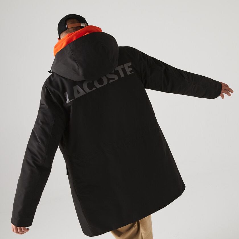 Men's Lacoste Black Parka Jackets SPORT Hooded Quilted VU7-09910B5