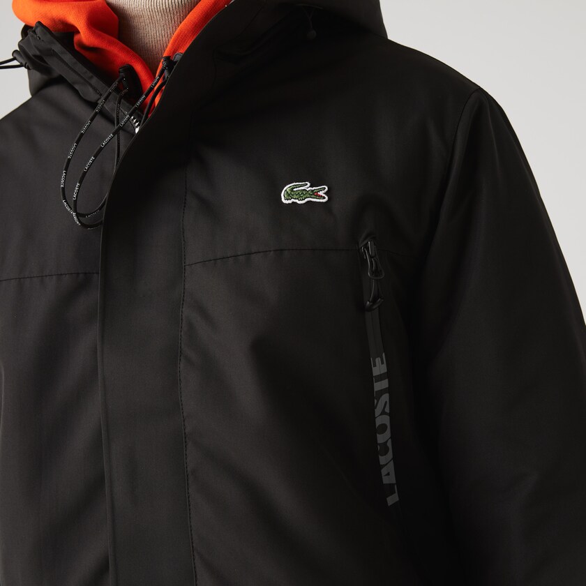 Men's Lacoste Black Parka Jackets SPORT Hooded Quilted VU7-09910B5