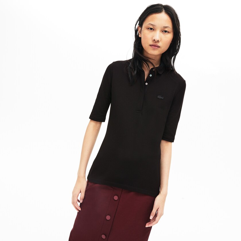 Women's Lacoste Black Polo Shirts Slim Fit Stretch Mini Piqué MU0-72157L3