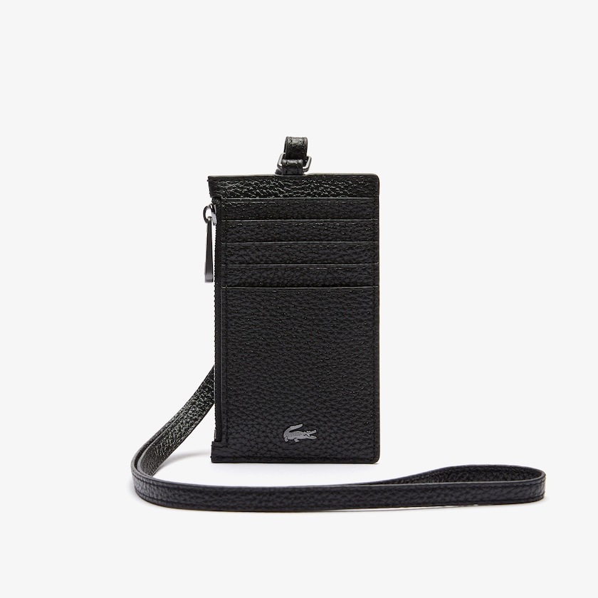 Men's Lacoste Black Accessories Soft Mate Full-Grain Leather Zippered Badge Holder RR5-74627W9