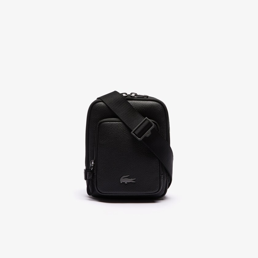 Men's Lacoste Black Bags Soft Mate Matte Full-Grain Leather Small Flat Crossbody Bag HU4-71447I6