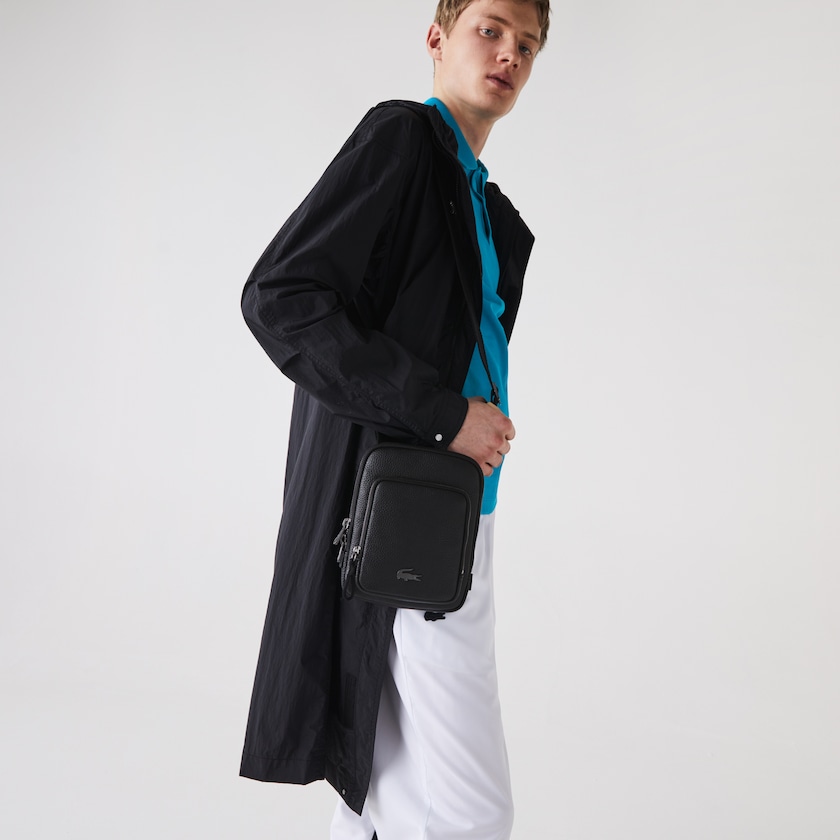 Men's Lacoste Black Bags Soft Mate Matte Full-Grain Leather Small Flat Crossbody Bag HU4-71447I6