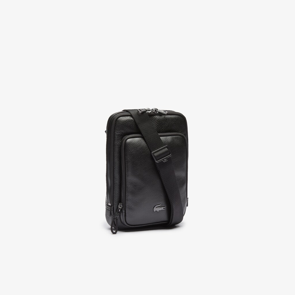 Men's Lacoste Black Bags Soft Matte Full-Grain Leather Flat Crossbody Bag YJ1-49914G1