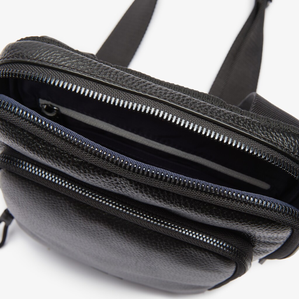 Men's Lacoste Black Bags Soft Matte Full-Grain Leather Flat Crossbody Bag YJ1-49914G1