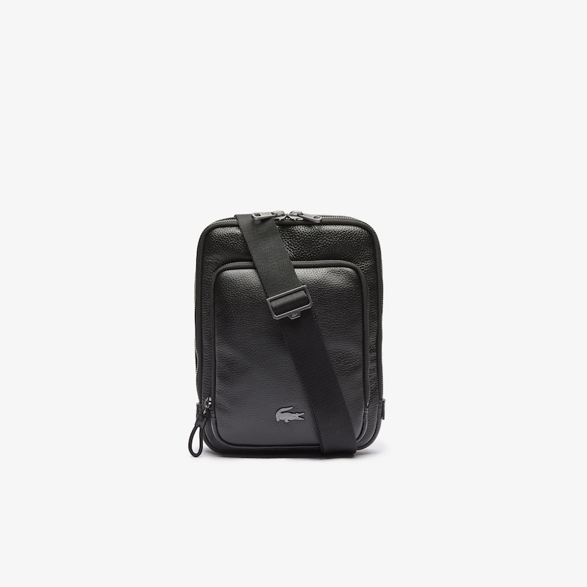 Men's Lacoste Black Bags Soft Matte Full-Grain Leather Flat Crossbody Bag YJ1-49914G1