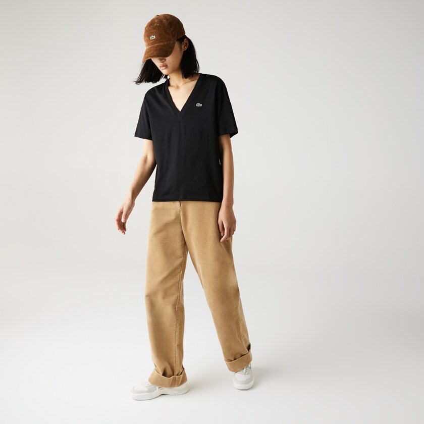 Women's Lacoste Black T Shirts V-Neck Premium Cotton NE4-66936I8