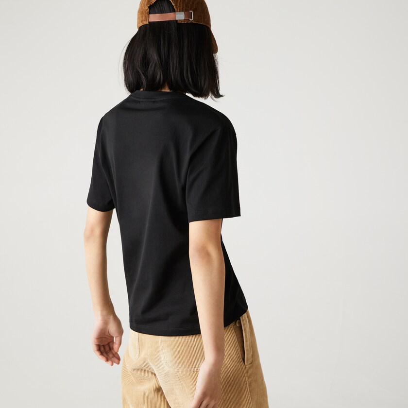 Women's Lacoste Black T Shirts V-Neck Premium Cotton NE4-66936I8