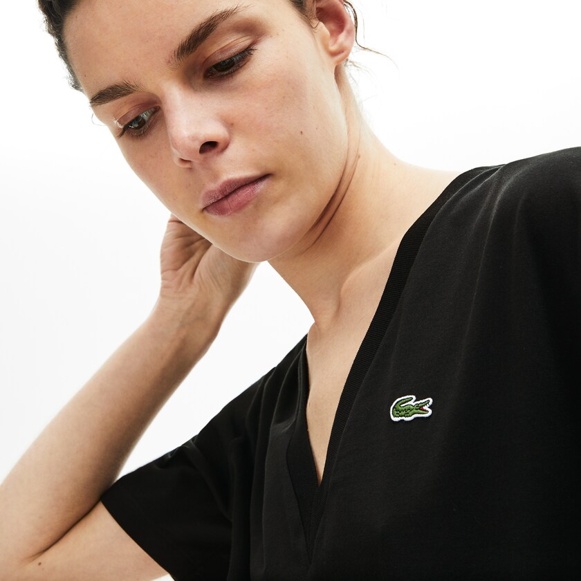 Women's Lacoste Black T Shirts V-Neck Premium Cotton NE4-66936I8