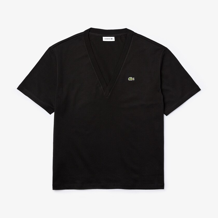 Women's Lacoste Black T Shirts V-Neck Premium Cotton NE4-66936I8