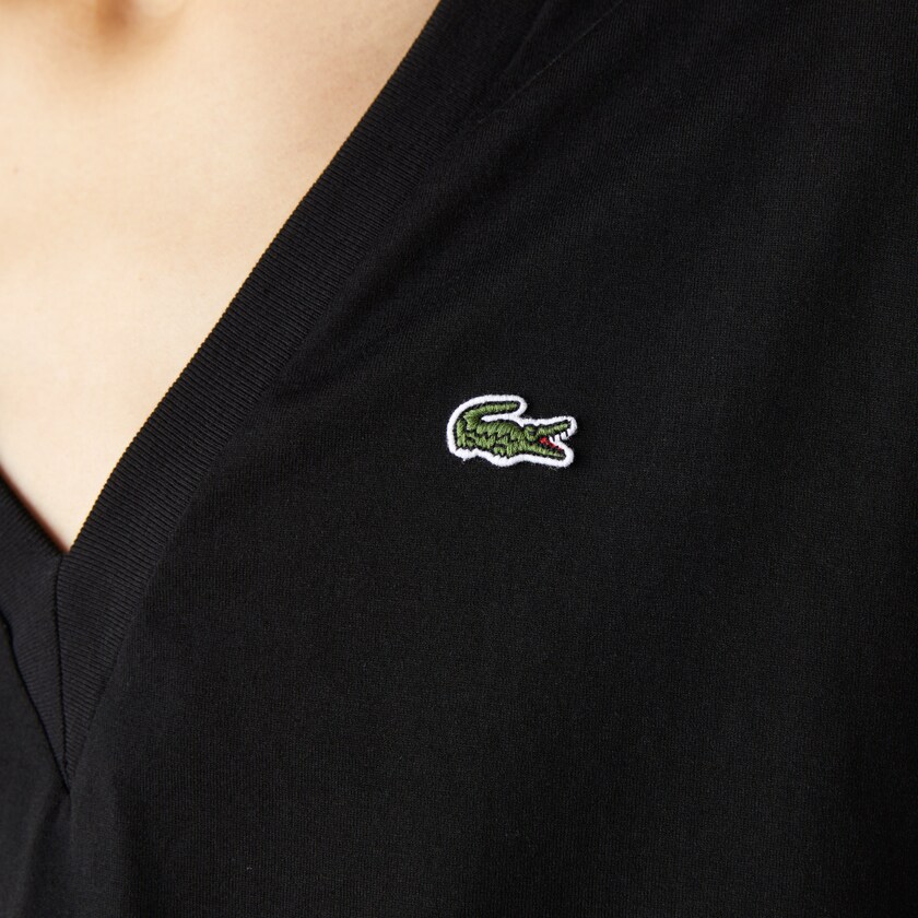 Women's Lacoste Black T Shirts V-Neck Premium Cotton NE4-66936I8